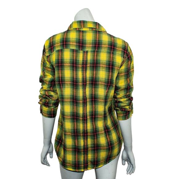 CP Shades Women's Button up Flannel Shirt Yellow Green Plaid Cotton Size Medium - Picture 5 of 9